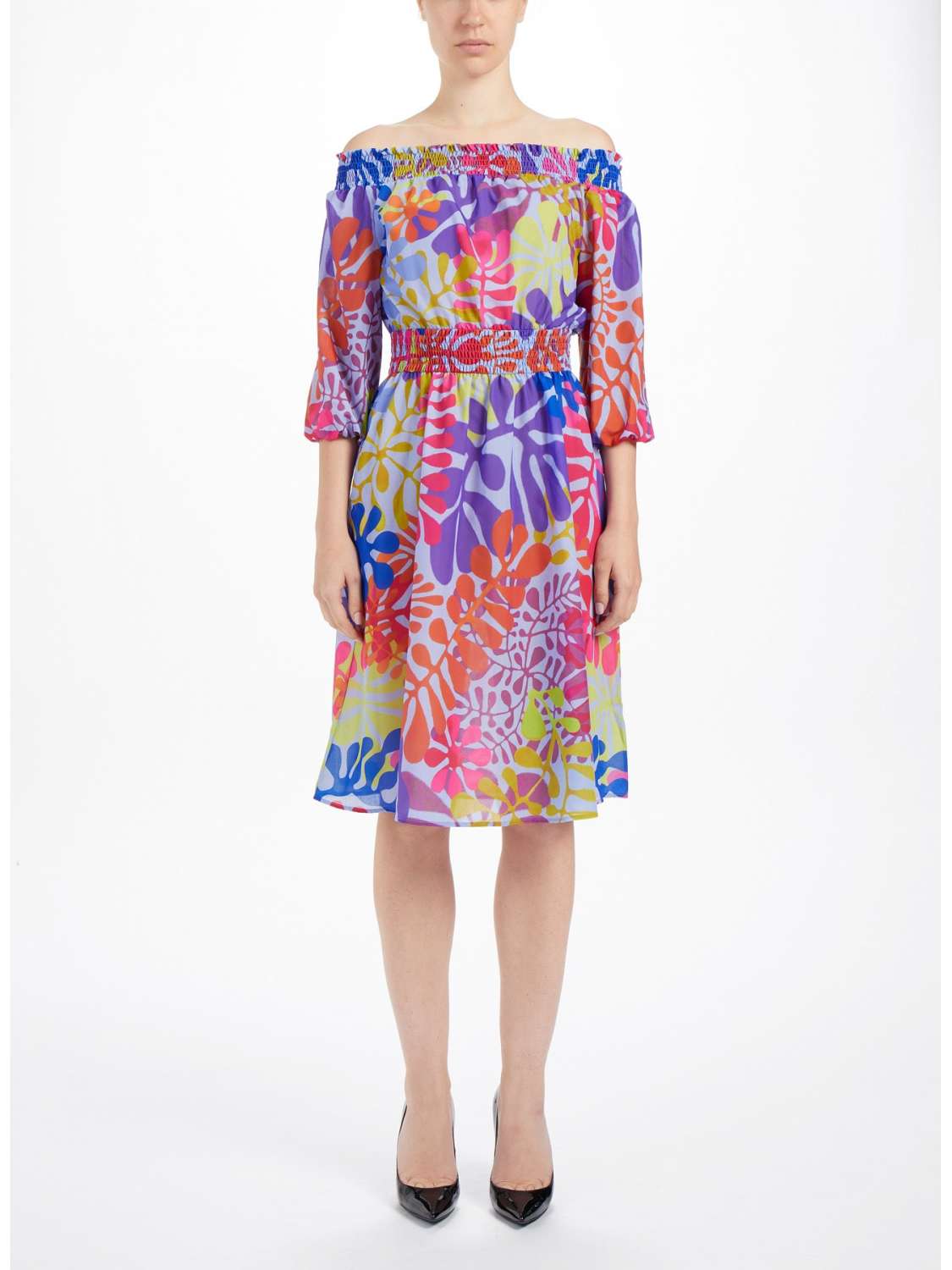 Patterned dress with Bardot...